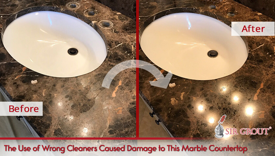 Incorrect Cleaners Dulled This Bathroom Marble Countertop and It's Restored Like New After Sir Grout's Services