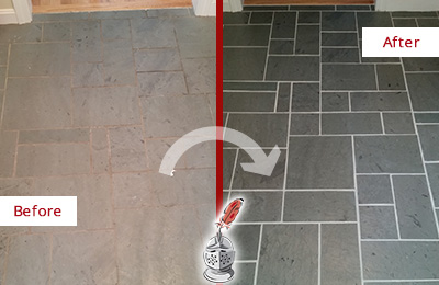 Before and After Picture of a Slate Floor Cleaned and Sealed