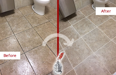 Sir Grout Cleans this Beallsville Restroom Tile and Grout to Remove Soil Before and After Picture of a Beallsville Restroom Tile and Grout Cleaned to Remove Soil