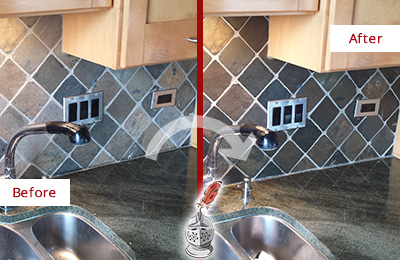 Sir Grout Caulks this Ashton Backsplash Caulked to Fix and Prevent Water Leaks Before and After Picture of a Ashton Backsplash Caulked to Fix and Prevent Water Leaks
