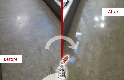 Before and After Picture of a Dull Burke Limestone Countertop Polished to Recover Its Color