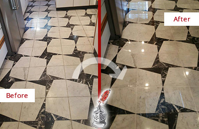 Sir Grout Polishes this Dull Upperville Marble Stone Floor To Recover Its Luster Before and After Picture of a Dull Upperville Marble Stone Floor Polished To Recover Its Luster