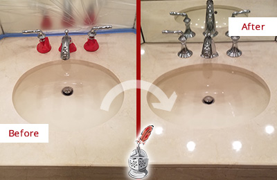 Sir Grout Polishes this Dull Upperville Marble Stone Vanity Top to Bring-Back Its Sheen Before and After Picture of a Dull Upperville Marble Stone Vanity Top Polished to Bring-Back Its Sheen