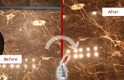 Before and After Picture of a Vienna Marble Stone Countertop Polished to Eliminate Stains