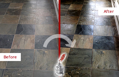 Sir Grout Seals this Dull Herndon Slate Floor to Bring Back Its Colors Before and After Picture of a Dull Herndon Slate Floor Sealed to Bring Back Its Colors