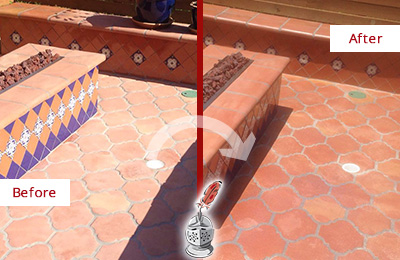 Sir Grout Seals this Dull Herndon Terracotta Patio Floor For UV Protection Before and After Picture of a Dull Herndon Terracotta Patio Floor Sealed For UV Protection