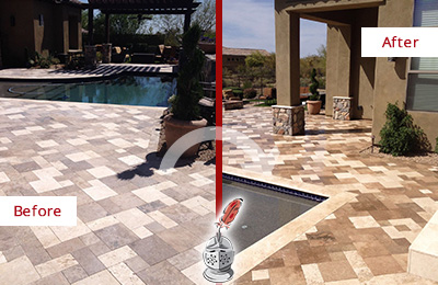 Sir Grout Seals this Faded Herndon Travertine Pool Deck For Extra Protection Before and After Picture of a Faded Herndon Travertine Pool Deck Sealed For Extra Protection