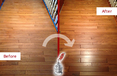 Sir Grout Restored This Dull Columbia Heights Hallway Floor with a Deep Cleaning Service Before and After Picture of a Columbia Heights Wood Deep Cleaning Service on a Dull Hallway