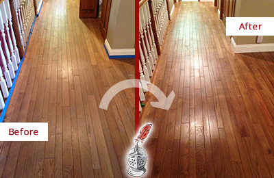 Sir Grout Restored This Worn Out Columbia Heights Wood Floor with a Deep Cleaning Service Before and After Picture of a Columbia Heights Wood Deep Cleaning Service on a Worn Out Floor