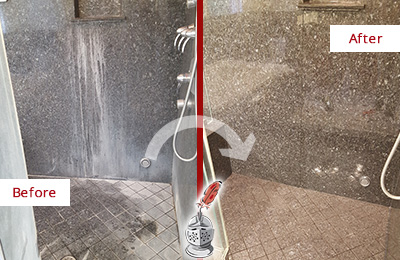 Sir Grout Cleans this Bristow Granite Shower to Remove Mineral Deposits Before and After Picture of a Bristow Granite Shower Cleaned to Remove Mineral Deposits