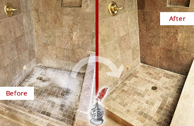 Sir Grout Cleans this Bristow Travertine Shower to Eliminate Water Spots Before and After Picture of a Bristow Travertine Shower Cleaned to Eliminate Water Spots