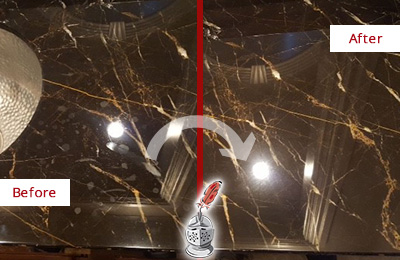 Sir Grout Cleans this Bristow Marble Countertop to Remove Water Spots Before and After Picture of a Bristow Marble Countertop Cleaned to Remove Water Spots