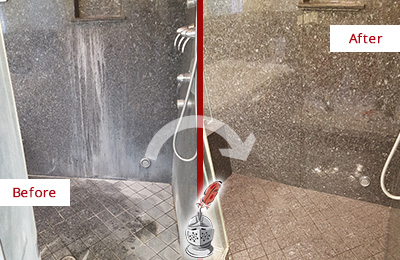 Before and After Picture of a Damascus Granite Shower Stone Sealed to Avoid Mineral Deposits