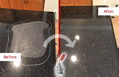 Before and After Picture of a Triangle Granite Kitchen Countertop Honed to Eliminate Scratch