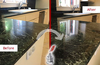 Sir Grout Hones this Greenway Marble Kitchen Countertop to Remove Water Marks Before and After Picture of a Greenway Marble Kitchen Countertop Honed to Remove Water Marks