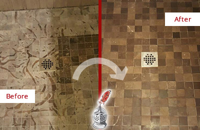 Sir Grout Hones this Greenway Marble Shower to Remove Etching Before and After Picture of a Greenway Marble Shower Honed to Remove Etching