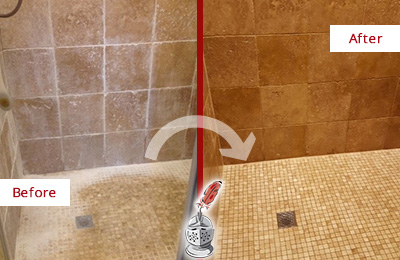 Before and After Picture of a District Heights Travertine Shower Honed to Remove Mineral Deposits