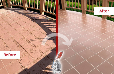 Before and After Picture of a West End Hard Surface Restoration Service on a Tiled Deck