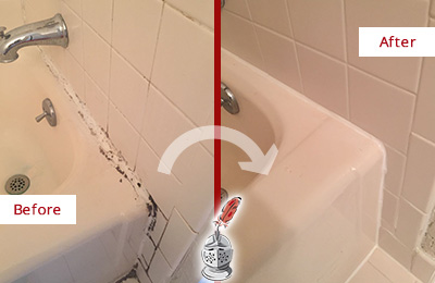 Before and After Picture of a Brinklow Hard Surface Restoration Service on a Tile Shower to Repair Damaged Caulking