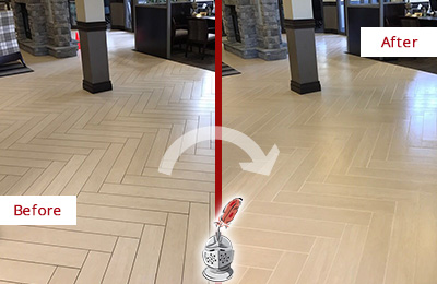 Sir Grout Restored This Spencerville Office Lobby Tile Floor to Remove Embedded Dirt Before and After Picture of a Spencerville Hard Surface Restoration Service on an Office Lobby Tile Floor to Remove Embedded Dirt