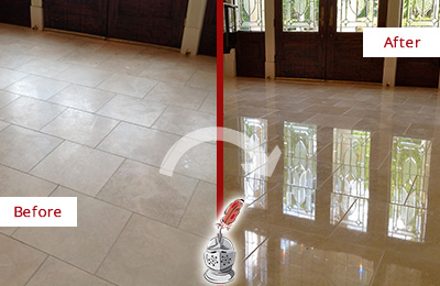 Sir Grout Restored This Spencerville Dull Travertine Floor to Recover Its Splendor with a Stone Polishing Service Before and After Picture of a Spencerville Hard Surface Restoration Service on a Dull Travertine Floor Polished to Recover Its Splendor