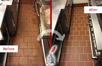 Before and After Picture of a Piney Branch Hard Surface Restoration Service on a Restaurant Kitchen Floor to Eliminate Soil and Grease Build-Up