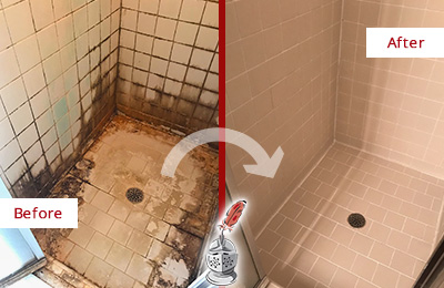 Sir Grout Restored This Spencerville Tile Bathroom to Repair Water Damage Before and After Picture of a Spencerville Hard Surface Restoration Service on a Tile Bathroom to Repair Water Damage