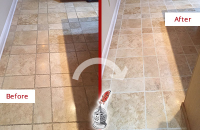Sir Grout Cleans this Clinton Kitchen Floor's Grout to Recover Its Color Before and After Picture of Clinton Kitchen Floor Grout Cleaned to Recover Its Color