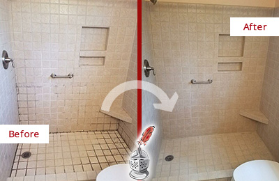 Before and After Picture of a Fort Totten Shower Grout Cleaned to Remove Mold