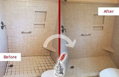 Sir Grout Cleans the Grout on this Clinton Moldy Shower Before and After Picture of a Clinton Shower Grout Cleaned to Remove Mold