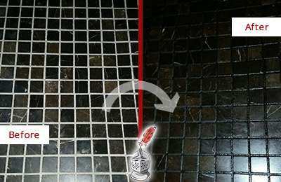 Sir Grout Recolored the Grout of this Fort Myer Black Tile Floor Before and After Picture of a Fort Myer Black Floor with Recolored Grout