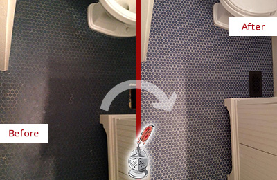 Sir Grout Recolors the Grout on this Fort Myer Blue Tile Floor Before and After Picture of a Fort Myer Blue Tile Floor Recolored Grout