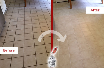 Sir Grout Recolors this Fort Myer Kitchen Tile Floor's Grout Before and After Picture of a Fort Myer Kitchen Tile Floor with Recolored Grout