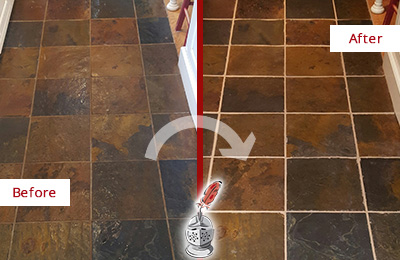 Sir Grout Recolors the Grout of this Fort Myer Slate Floor Before and After Picture of a Fort Myer Slate Floor Recolored Grout