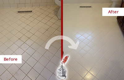 Before and After Picture of a Sterling White Bathroom Floor Grout Sealed for Extra Protection