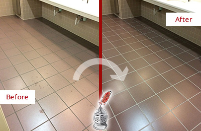 Sir Grout Seals the Grout on this Brookeville Office Restroom to Refresh Its Look Before and After Picture of Dirty Brookeville Office Restroom with Sealed Grout