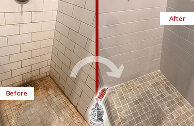 Before and After Picture of a Emergy Shower Grout Sealed to Eliminate Mold