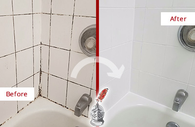 Sir Grout Seals the Grout to Eliminate Mold from this Brookeville Tub Before and After Picture of a Brookeville Tub with Sealed Grout to Eliminate Mold
