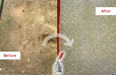 Sir Grout Cleans this Clarksburg Mosaic Shower Cleaned to Eliminate Embedded Dirt Before and After Picture of a Clarksburg Mosaic Shower Cleaned to Eliminate Embedded Dirt