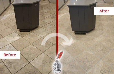 Before and After Picture of a Riggs Park Kitchen Floor Cleaned to Remove Stains